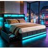 BIYFSDS LIt Cassapanca matrimoniale 140 x 200 con 4 cassetti, letto 140 x 200 cm con rete a LED e 2 USB e tipo-C, testiera imbottita con contenitore letti per 2 persone per adulti adolescenti lino (grigio-6