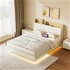 KeepGoon letto matrimoniale fluttuante 140 x 190 cm, con illuminazione a LED, presa USB, letto sospeso, Letto imbottito, materiale PU, testiera con vano, Bianco + Rovere chiaro