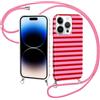 Kivlclri Righe Cover per iPhone 14 Pro Max 6,7'' con Cordino, Cellulare Aesthetic Estivi Rosso Rosa Striped Motivo Disegno Traslucida TPU Case Corda con Regolabile Laccio Antiurto Protezione Custodia