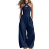 Generic Tuta da donna chic elegante senza maniche tuta in lino da cocktail sciolti per il tempo libero e tasche pantaloni lunghi con gambe larghe pagliaccetto da lavoro da spiaggia da sera, Marino, L
