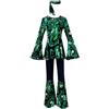 Generisch Costume da discoteca, da donna, anni '60, anni '70, Abba Flower Power, top con maniche svasate, pantaloni a zampa, fascia hippie, carnevale da donna, verde militare, L