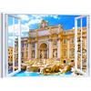 LuxHomeDecor Quadro Finestra Roma Fontana di Trevi 100x75 cm Stampa su Tela con Telaio in Legno Arredamento Arte Arredo Moderno