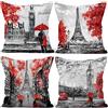 Aoihrraan Fodere per Cuscini Set di 4, Modello Big Ben Della Torre Eiffel Ombrello Rosso Romantico Dell'Albero Morbido Peluche Quadrato Federa per Divano Camera da Letto Auto Sedia Casa Decoro 45x45cm