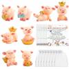 HENJUNU Set Di 24 Statuette Di Maialino Portafortuna + Biglietti Di Capodanno + Sacchettini In Organza, Mini Portafortuna Per Capodanno E Natale, Colore: Rosa