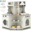 RELAX4LIFE Cucina Giocattolo per Bambini, Effetti Sonori e Luminosi, Cucina ad Angolo in Legno con Rubinetto e Lavandino, Microonde, Forno, Lavatrice, Accessori per Bambini 3+ Anni