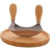 noTrash2003 Culla con tagliere - Coltello da erbe ambidestro con manici in legno e lama a taglio unico per erbe e spezie con piatto in legno con cavità