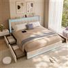 PerGar Letto Matrimoniale Contenitore 160x200 cm, Letto imbottito LED con 4 cassetti e rete a doghe, Stazione di ricarica, Testiera imbottita, Lino, Beige, senza materasso