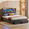 Mydtt Letto Matrimoniale con Contenitore, Grigio Letto 140x200 con USB LED | Luci a LED, porte USB e Type-C, Letto con 2 Cassetti, Spazio Portaoggetti nella Testiera, Tessuto in Velluto, Senza Materasso