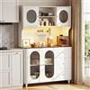 BonVache Buffet alto da cucina, mobile di stoccaggio, armadi da cucina, credenza portastoviglie, con luci a LED, caricabatterie, ante in vetro, cassetti e piani di lavoro, 120 x 41 x 180 cm, bianco