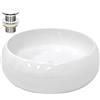LuxeBath Lavabo da Appoggio con Set di Scarico Ø 350 x 120 mm Ceramica Bianca Rotondo Lavandino senza Troppopieno con Fori di Dimensioni Standard Lavamano da Bagno con Piletta