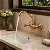Eirolace Rubinetto Cucina a Muro in Ottone Antico, Miscelatore Cucina Vintage con Bocca Girevole 360°, Doppia Manopola Acqua Calda e Fredda, Rubinetto Lavello a Parete per Bagno Cucina Lavanderia