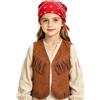TINAYAUE Set Gilet senza maniche per bambini, stile cowboy occidentale, con frange in similpelle, anni 60-70, costume con bandana rossa, opzione cappello hippie, vestito carnevale Halloween