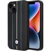 CG MOBILE BMW - Custodia per iPhone 14 Plus, collezione firma nera, con linee stampate a caldo, in vera pelle protettiva e resistente, con facile scatto, assorbimento degli urti e logo firma