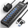 LEINSIS - Hub USB 3.2 a 10 porte USB 3.2/USB C Hub (10 Gbps USB-A 3.2 +2 USB-C 3.2 + 7 porte USB 3.0) con interruttori di accensione/spegnimento individuali e adattatore di alimentazione da 12 V, Hub