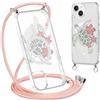 Niokfrci Cordino Cover per iPhone 14 / iPhone 13 6,1'', Aesthetic Estivi Fiori Tartaruga Motivo Disegno Magnetica Trasparente PC Compatibile con MagSafe Case Corda Laccio Antiurto Protettiva Custodia