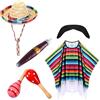 Generisch Costume messicano, set da 5 pezzi, costume messicano, cinco de mayo, decorazione colorata, poncho, sombrero, maracas, baffi, sigari, accessorio per carnevale, feste a tema, Halloween, set per taglia