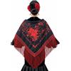 NONE Scialle flamenco nero con ricami floreali rossi e frange rosse
