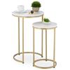 Relaxdays Tavolini da Salotto, Set da 2 Tavoli Bassi da Caffè da Divano, Comodini Rotondi Effetto Marmo, Bianco Dorato