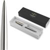 Parker Penna a Sfera Jotter | Acciaio inossidabile con dettagli dorate| | punta media con inchiostro blu | Confezione regalo | Materiale scolastico