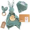 Mikito Set Neonato, Accessori Utili in Cotone Naturale Bio Mussola con Doudou, Massaggia Gengive, Bavaglino neonato. Unisex, Idea regalo maschio o femmina per baby shower, neo genitori