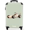 NoBoringSuitcases.com NoBoringSuitcases© Valigia Cabina Bambino Bambini Trolley Da Viaggio | 55x35x20 cm - Bagaglio A Mano Aereo Rigido Leggerissimo 4 Ruote Valigie Beige - Auto corsa - Retro - Sfondo verde