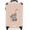 NoBoringSuitcases.com NoBoringSuitcases© Valigia Cabina Bambino Trolley Bambini Da Viaggio | 55x35x20 cm - Bagaglio A Mano Valigie Per Carry On Leggere Aereo Ruote Dinosauro - Blu - Sfondo beige pois