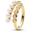 PANDORA Timeless Anello aperto placcato in oro 14k con perla coltivata d'acqua dolce trattata bianca e zirconi cubici trasparenti, 50