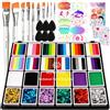 Bowitzki Split Cake Face Paint Kit with Glittle 24 colors Professional Body Painting Set Stencil One Stroke Non Toxic Rainbow Flora Dolphin Unicorn Flame Makeup Christmas Easter