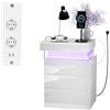 Rcynview Comodino Camera da Letto con Illuminazione LED, Comodini Moderno con Presa Comodino Lucido 16 Colori Regolabile, Comodini Soggiorno con 3 Cassetti e USB, 45x40x67 cm Tavolino da letto Bianco