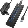 JESWO - Hub USB attivo 3.0 con alimentatore, 7 porte USB 3.0, hub dati attivo con adattatore di alimentazione da 15 W (5 V/3 A), cavo rimovibile, cavo USB con interruttore separato a LED