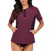 Halcurt Maglietta UV da donna con tasca Rash Guard, a maniche corte, 1/4, zip UPF 50+, protezione dai raggi UV, per il nuoto ad asciugatura rapida, S-XXL