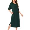 Wikoan Donna Sleepwear Collo Rotondo Manica Corta Camicia da Notte Lunga Morbida con Tasche,Verde Scuro,3XL
