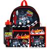Hot Wheels Zaino per bambini, set da 4 pezzi con borsa per il pranzo, bottiglia d'acqua e astuccio per la scuola