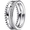 PANDORA Signature Anello con logo con pavé e perline in argento Sterling con zirconia cubica trasparente, 54