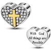 MARJS Ciondolo a forma di cuore in argento Sterling 925 con scritta in inglese With God All Things Are Possible Cross I Love You compatibile con braccialetti Pandora