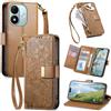 JIUNINE Cover a Libro in Pelle per XIAOMI Redmi Note 17 5G, Marrone | Custodia Portafoglio in Pelle Sintetica, Stampa Floreale e Foglie, Portacarte, Tasca con Zip, Chiusura Magnetica, Supporto