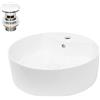 ECD Germany Lavabo per Bagno d' Appoggio Ø 460 x 155 mm in Ceramica Bianca incl. Piletta Set di Scarico 1 1/4'' per Lavandini con Troppopieno Lavello Rotondo Lavamani Sanitari Design Moderno