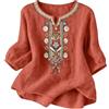 ABLYTMIAQ Top in cotone e lino da donna UK Boho floreale ricamato manica 3/4 t-shirt scollo a V vestibilità ampia maglietta da donna casual per uscire estate top