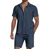 SHEKINI Set di 2 tute da uomo in cotone e lino, a maniche corte, con bottoni, estive, pantaloncini da spiaggia, abbigliamento casual, abbigliamento da notte, pigiama, blu navy, M