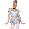Leg Avenue 4 PC Glass Slipper Cinderella, includono boned sweetheart crop top with organza sleeves, garter panty with shimmer sheer skirt, ribbon choker, and matching hair band.