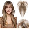 SEGOHAIR Topper per capelli da donna, capelli umani con frangia, copertura 360°, base cucita a mano, 7 x 11 cm, 14 g, castano medio misto biondo scuro