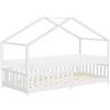 ML DESIGN modern living ML-Design Letto a Casetta per Bambini 90x200 cm Bianco in Legno Massello di Pino con Materasso A:10 cm Protezione Anticaduta e Tetto, Stile Montessori, Struttura Bassa a Capanna per Cameretta
