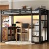 Moimhear Letto a soppalco in metallo con area di lavoro integrata, illuminazione a LED, porte USB e molto spazio, nero, senza materasso, 140 x 200 cm