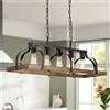 WUZUPS Lampadario a sospensione con 5 luci in metallo, imitazione di grana di legno, lineare, per soffitto, rustico, per fattoria, per cucina, isola da pranzo, base E27, nero e legno retrò
