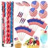 Blulu 150 Kit Stuzzicadenti da Cocktail a Tema Giorno d'Indipendenza 50 Plettri da Cocktail con Ombrelli del 4 Luglio 50 Stuzzicadenti con Bandiera USA 50 Cannucce Decorazioni per Festa Patriottica