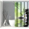 SDOTPMT 90x183cm Acqua Spa Tenda da doccia Verde Bambù Foglie Orchidea Fiore Naturale Tenda da bagno Zen Meditazione Basalto Pietre Floreale Tenda da vasca per bambini Bagno Poliestere con ganci