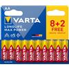 VARTA Pile AA, Confezione da 10, Longlife Max Power, alcaline | LR6 1,5 V, Made in Germany, conservazione fino a 10 anni, per fotocamera digitale, flash, console di gioco, controller o GPS
