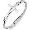 COOLSTEELANDBEYOND Bracciale da Uomo con Croce in Acciaio Inox, Bracciale Rigido in Cavo Ritorto con Croce Centrale, Gioiello di Fede Cristiana