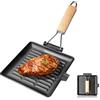 Jinfanshurich Bistecchiera in ghisa, 28 x 28 cm, per cottura a induzione, con manico pieghevole in legno, piastra quadrata per tutti i tipi di fornelli, robusta padella per bistecca, verdure e pesce, facile da