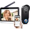 SIMBAILAI Wifi 7 Pollici Touch Screen 1080P Kit Videocitofono Senza Fili Campanello vivavoce Con Batteria, Telecamera a 160 Gradi,Visione Notturna,Rilevamento del Movimento PIR,Wireless,IP65